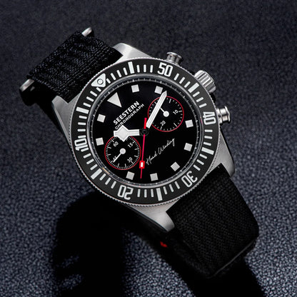 SEESTERN Chronograph Man of Watch Mechanical Tianjin ST1901 Movement Sapphire Wristwatches Nylon Sticker Strap Luminous Skeleton