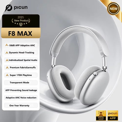 Auscultadores Sem Fios Picun F8 Pro ANC com Seguimento da Cabeça, Áudio Espacial 3D, ANC -52dB, Auscultadores Bluetooth HIFI com Microfone HD ENC, Baixa Latência e APP