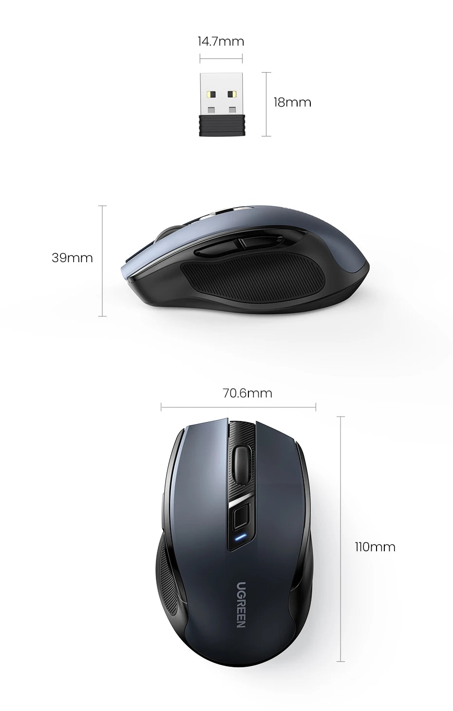UGREEN Wireless Mouse Bluetooth 5.0 Mouse Ergonomic 4000DPI 6 Mute Buttons Mouse For MacBook Tablet Laptops Computer PC 2.4G Mice