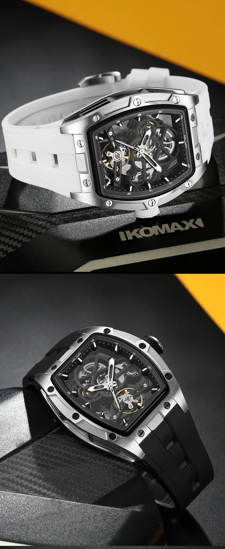MEGIR Fashion Leisure Alloy Case Men Mechanical Watch Silicone Band Barrel Shaped Dial Luminous Pointer Design Man Wristwatch