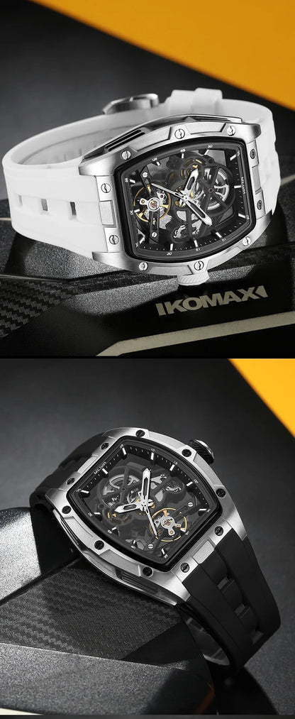 MEGIR Fashion Leisure Alloy Case Men Mechanical Watch Silicone Band Barrel Shaped Dial Luminous Pointer Design Man Wristwatch