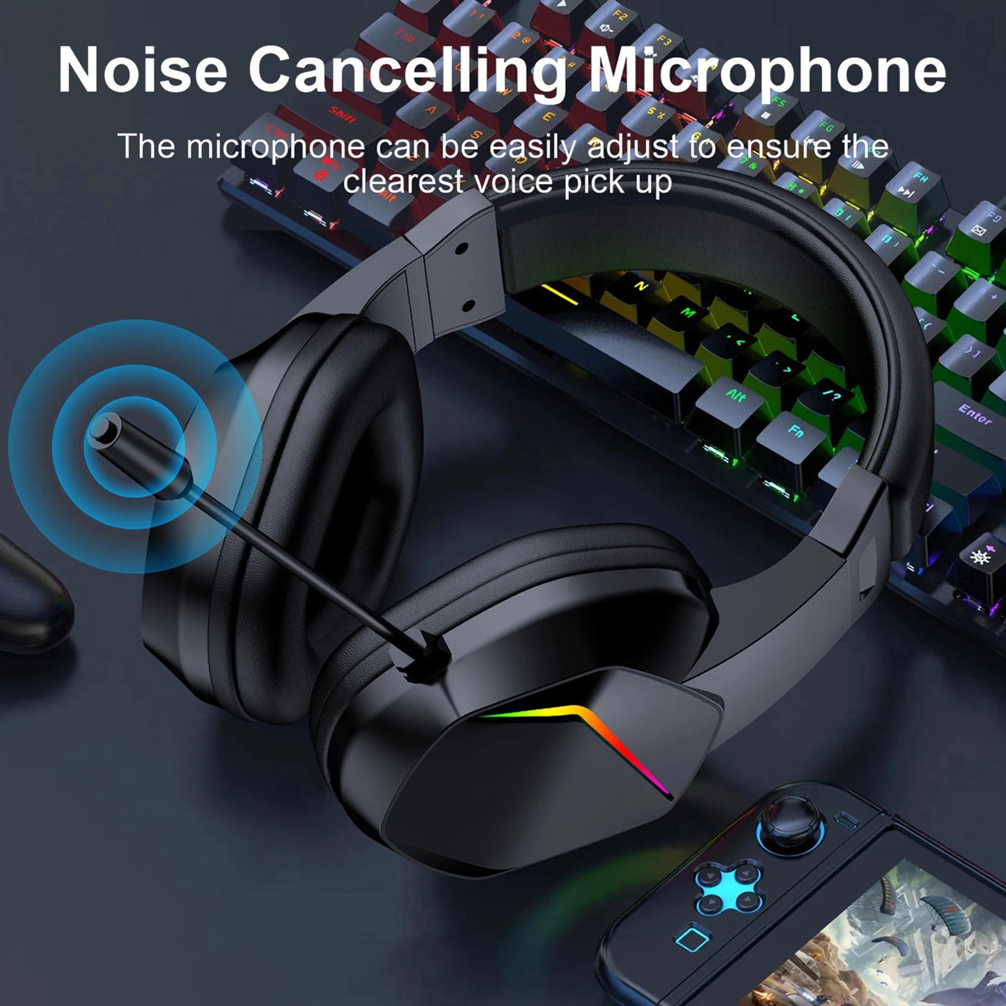 Wireless BT Gaming Headset with LED Lights, Low Latency Gaming Headphones, 40mm Drivers, Over-Ear Gaming Earphones with Omnidirectional Microphone