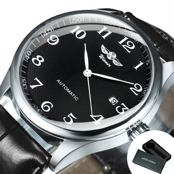 Herrklocka WINNER – Klassisk, retro och elegant stil – Mekanisk automatisk klocka med kalender – Lyxmärke, boett i stål och läderarmband