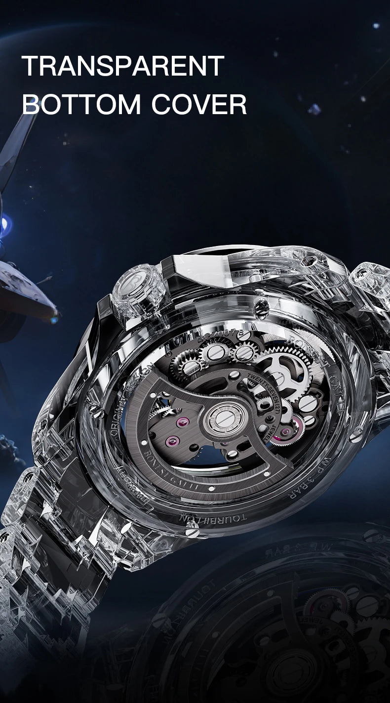 BONEST GATTI luxury Full Skeleton Automatic Mechanical Watch Sapphire Back 48 Rainbow Diamonds Luminous Luxury Wristwatch Men