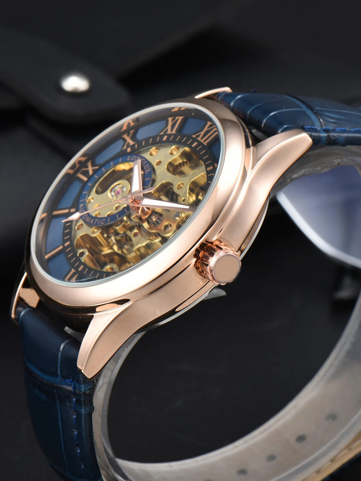 Men’s automatic watch, luxury style, Roman numeral dial, open-worked (skeletonised) movement, water-resistant, luminescent hands, leather strap – An ideal choice as a gift.