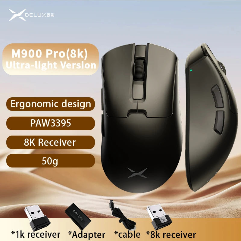 Delux M900PRO Versione ultraleggera Mouse gaming wireless ergonomico 1K/8K Polling Rate 50g PAW3395 per gamer PC destrorsi con mano grande