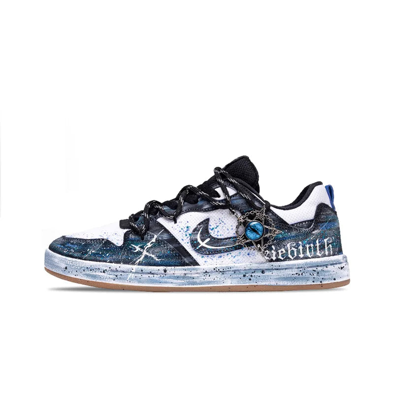 Персонализирани маратонки Nike SB Alleyoop „Starry Eye“ – ръчно рисувани ниски унисекс обувки за скейт (черно/синьо)
