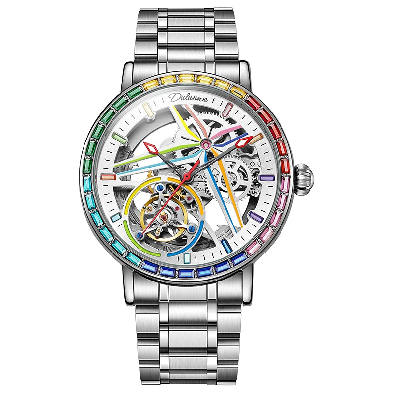 Férfi szkeleton óra, divatos stílusban, szivárvány színekben ragyogó drágakövekkel díszítve, tourbillon szerkezettel; luxus automata mechanikus óra, 30 méterig vízálló.