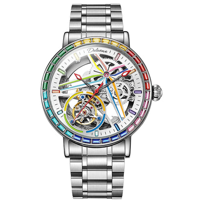 Férfi szkeleton óra, divatos stílusban, szivárvány színekben ragyogó drágakövekkel díszítve, tourbillon szerkezettel; luxus automata mechanikus óra, 30 méterig vízálló.