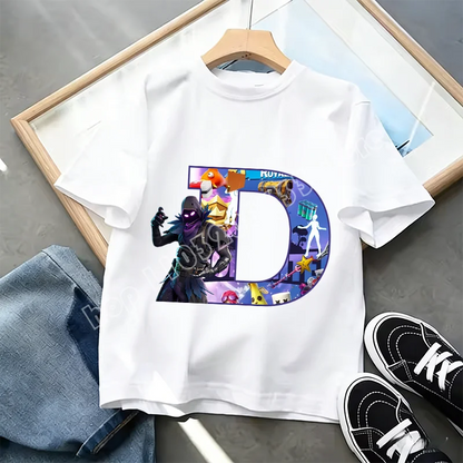 Fortnite A-Z Alphabet Print T-Shirt Summer Kids White Clothing Popular Cartoon Game T-Shirt Fashion Casual Short Sleeve Top Gift