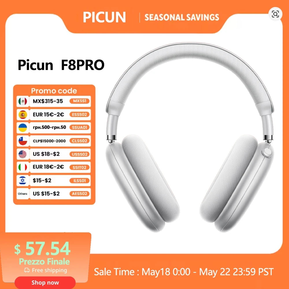 Auscultadores Sem Fios Picun F8 Pro ANC com Seguimento da Cabeça, Áudio Espacial 3D, ANC -52dB, Auscultadores Bluetooth HIFI com Microfone HD ENC, Baixa Latência e APP