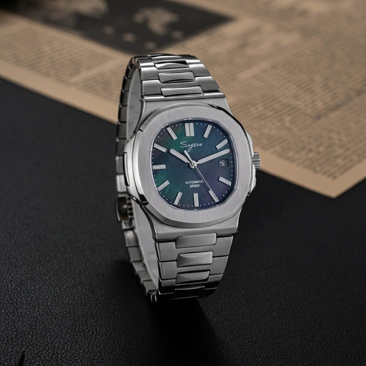 Orologio da uomo Sugess automatico meccanico da polso, movimento Miyota 9015, quadrante MOP, luminoso, impermeabile 5bar, bracciale di lusso S466