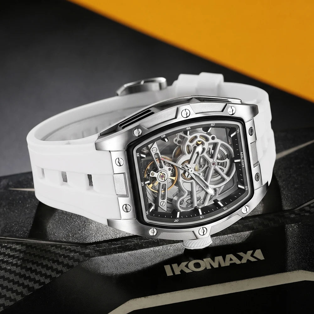 MEGIR men’s mechanical watch, tonneau shape, open-worked skeletonised dial, sporty style, silicone strap, luxury automatic watch
