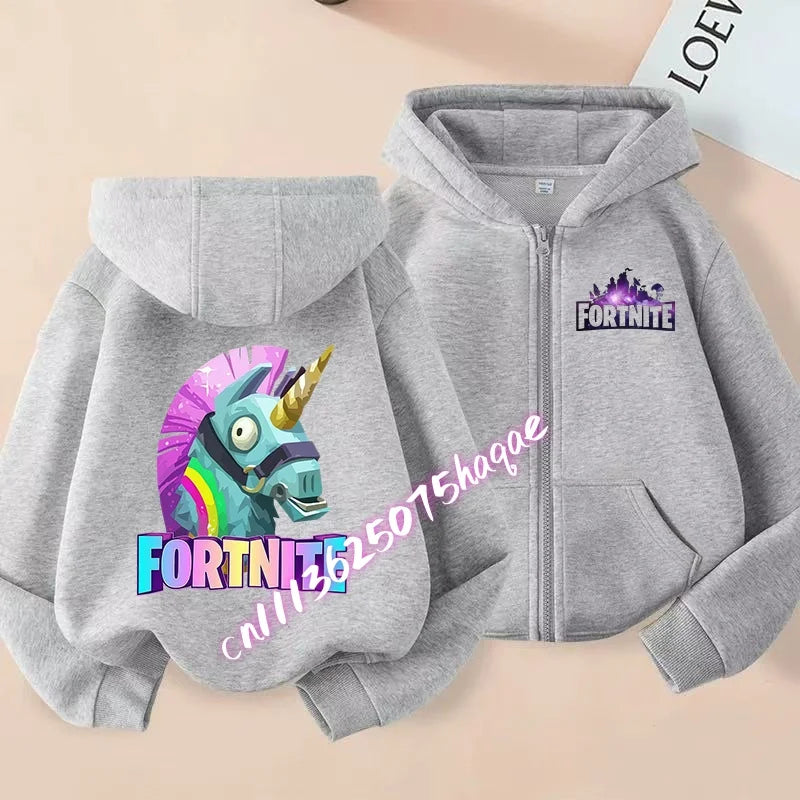 Ново детско яке с качулка Fortnites — суитшърт с цип и щампа на анимационен игрови персонаж, есенно-зимни дрехи за момчета