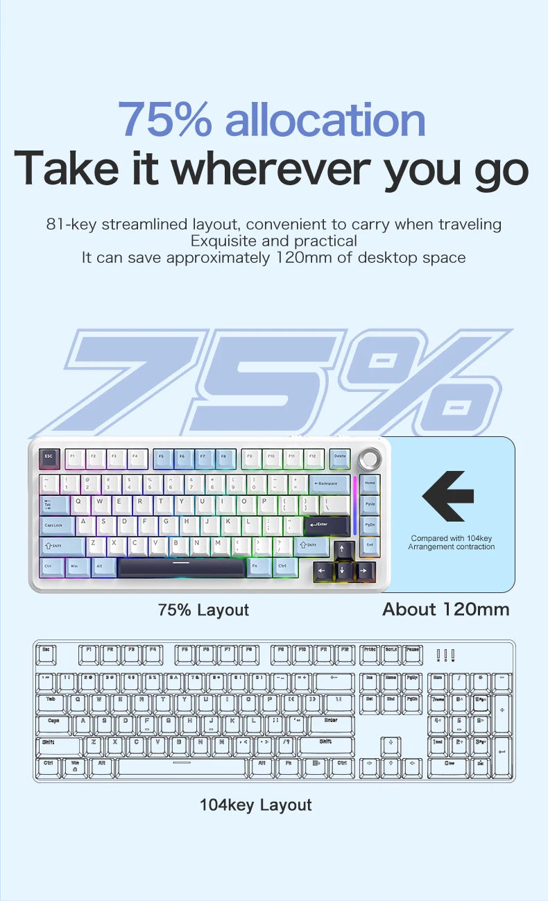 F75 Mechanische Tastatur FREEWOLF * AULA F75 Bluetooth-Tastatur mit drei Verbindungsmodi, speziell für Gaming und Büro entwickelt
