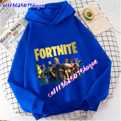 Nowa bluza dziecięca z kapturem Fortnites z nadrukiem postaci z gry, styl kreskówkowy, jesienna odzież casualowa, zimowa bluza dla chłopców
