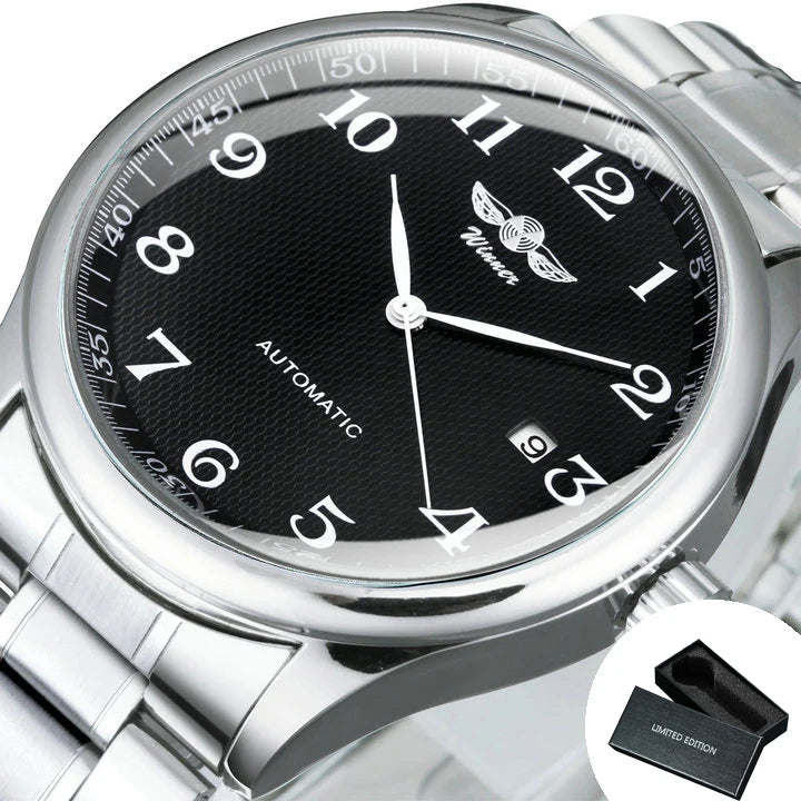 Classic men’s watch – Retro style with date display and blue hands, automatic mechanical movement, prestigious brand, steel case and leather strap