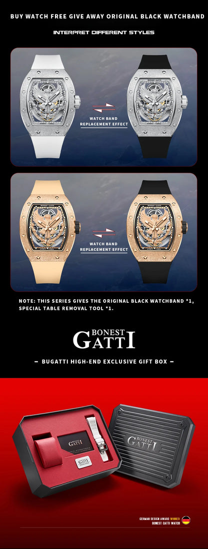 BONEST GATTI Luxury Men's Hollow Automatic Mechanical Watches Tonneau Sapphire Crystal Luminous Hollow Eagle Dial Rubber Straps