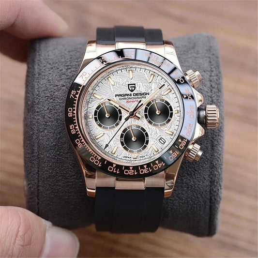 PAGANI DESIGN V2 40MM Herrenuhr mit Meteorit-Zifferblatt, Quarzwerk, Saphirglas, Retro-Chronograph, wasserdichte Uhr für Herren