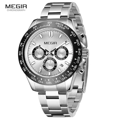 MEGIR men’s watch, luxury brand, quartz sports watch, stainless steel bracelet, water-resistant, chronograph, wristwatch