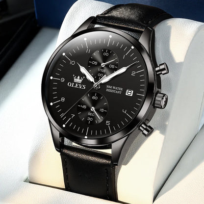 OLEVS 2880 Men’s Watch – Elegant and sleek chronograph, leather strap, automatic date display, water-resistant, luminescent hands, quartz movement.