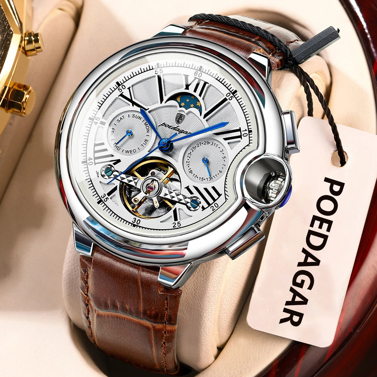 POEDAGAR men’s watch, luxury and professional style, with date and day display, tourbillon, stainless steel case, automatic mechanical movement and water resistance.