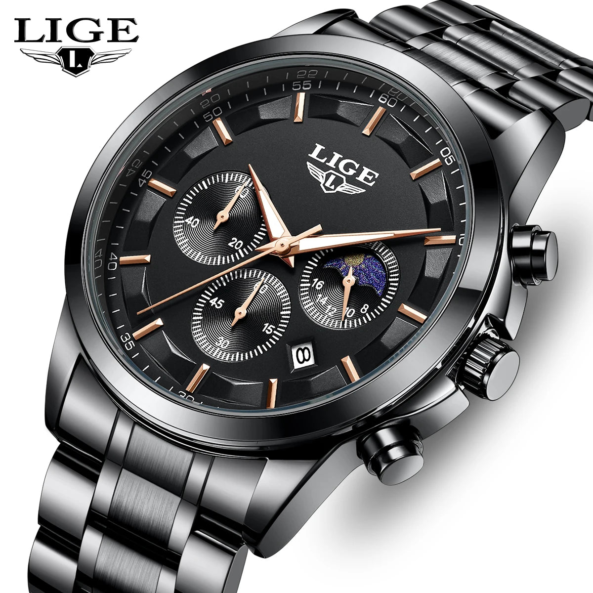 LIGE Men’s Watch – Luxury quartz chronograph, water-resistant (3 bar), with luminescent hands