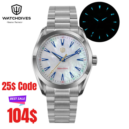 Watchdives WD0006B VH31 Quartz Wristwatches White MOP Dial AR Sapphire Luminous BGW9 100M Waterproof 38Mm Stainless Steel Watch
