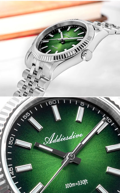 Reloj para hombre ADDIESDIVE AD2073, cristal de zafiro, 36mm, VH31, esfera sunburst, cuarzo, 10Bar, impermeable para buceo, luminoso