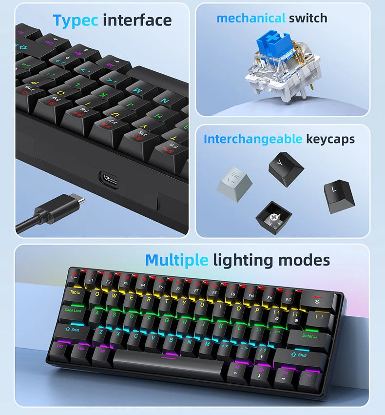 Tastiera meccanica da gaming cablata mini APAYADO K61 60% Phantom RGB, 61 tasti, switch Red/Blue, ergonomica, portatile per PC/laptop