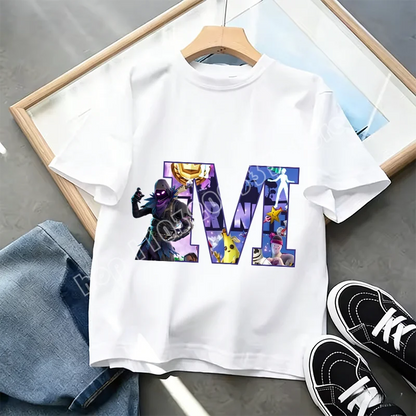 Fortnite A-Z Alphabet Print T-Shirt Summer Kids White Clothing Popular Cartoon Game T-Shirt Fashion Casual Short Sleeve Top Gift