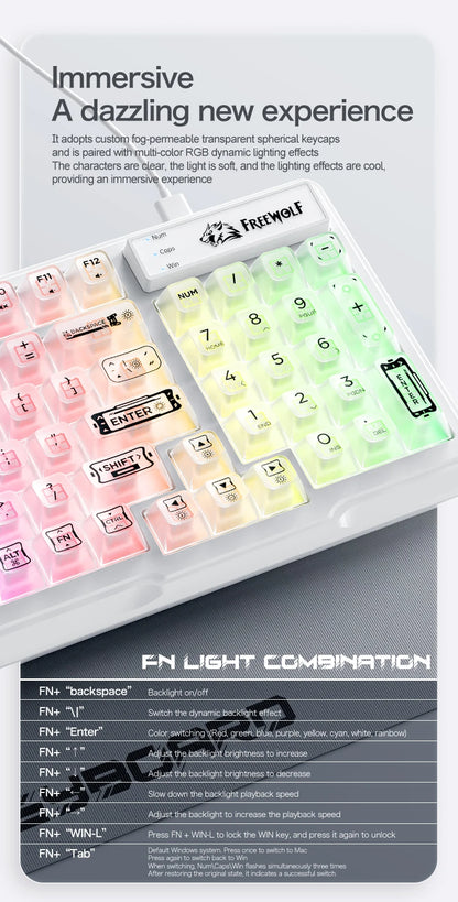 Tastiera cablata FREEWOLF M95 con design trasparente RGB, ideale per diversi scenari come gaming e lavoro d’ufficio
