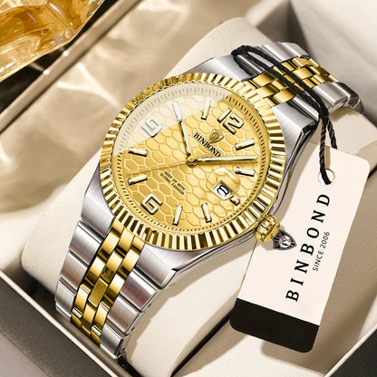 BINBOND luxury quartz wristwatch, luminous, water-resistant, automatic date, for men, stainless steel, business, sport, fashion and casual styles.