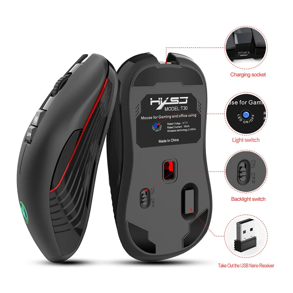 Mouse da gaming wireless 2.4G USB-C ricaricabile 3600DPI a 7 pulsanti, mouse silenzioso Type-C per MacBook, laptop, PC e computer da gioco