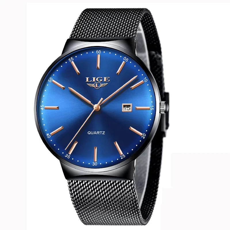 LIGE men’s watch, an elegant and luxurious model, ultra-thin, water-resistant, with a mesh strap, quartz movement, date and calendar display – ideal for a professional look.
