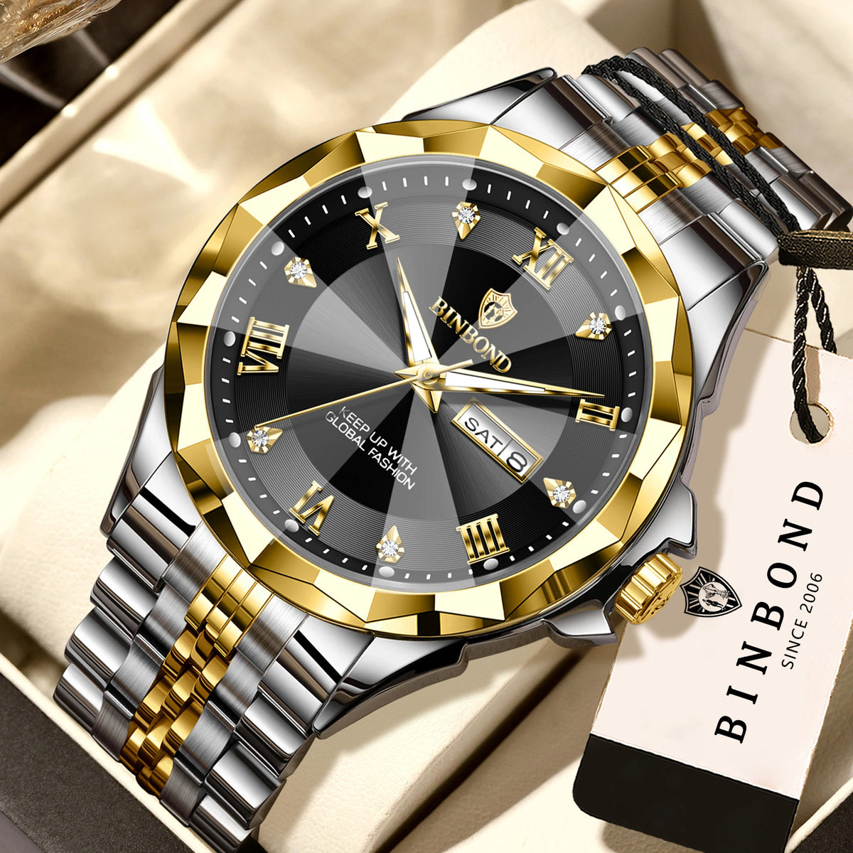 Relógio de quartzo para homem BINBOND – Relógio de pulso de luxo, luminoso e estanque, com indicação do dia da semana e data automática.