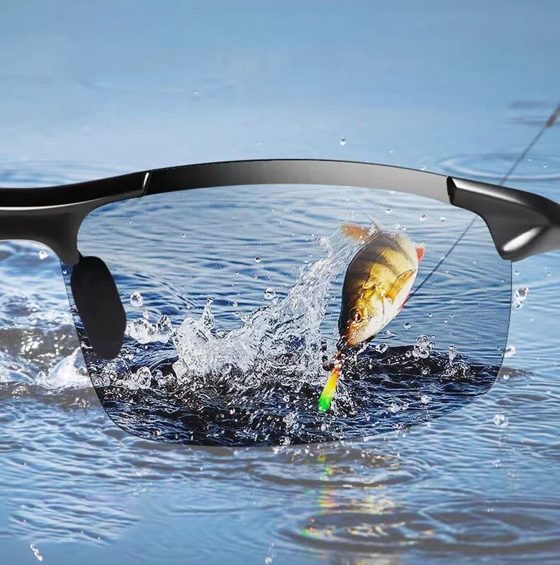 KLASSNUM Men Fashion Cycling Rimless Sunglasses Photochromic Polarized Shades Color Changing Fishing Car Driving Yellow Glasses