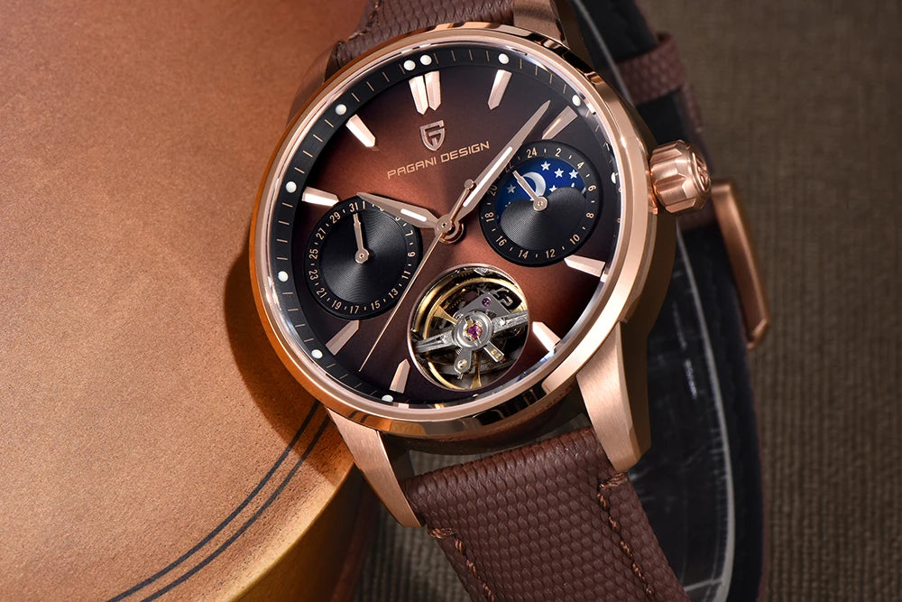 PAGANI DESIGN – Luxus mechanikus férfi karóra, 41 mm, zafírüveg, bőr szíj, vízálló, pilóta stílusú, tourbillon és holdfázis kijelzővel