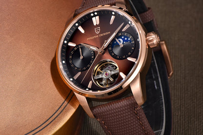 PAGANI DESIGN – Luxus mechanikus férfi karóra, 41 mm, zafírüveg, bőr szíj, vízálló, pilóta stílusú, tourbillon és holdfázis kijelzővel