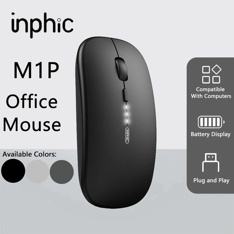 Mouse Wireless Silenzioso da Ufficio Inphic M1P Ultra-Sottile Portatile con Interfaccia USB, Indicatore Batteria e Ricarica TYPE-C