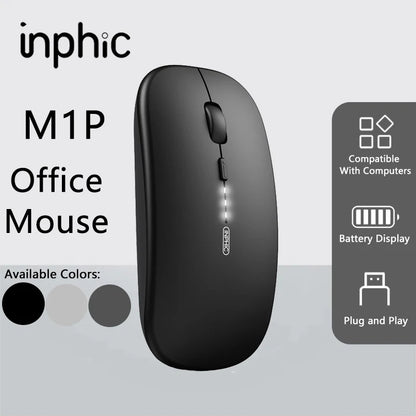 Mouse Wireless Silenzioso da Ufficio Inphic M1P Ultra-Sottile Portatile con Interfaccia USB, Indicatore Batteria e Ricarica TYPE-C