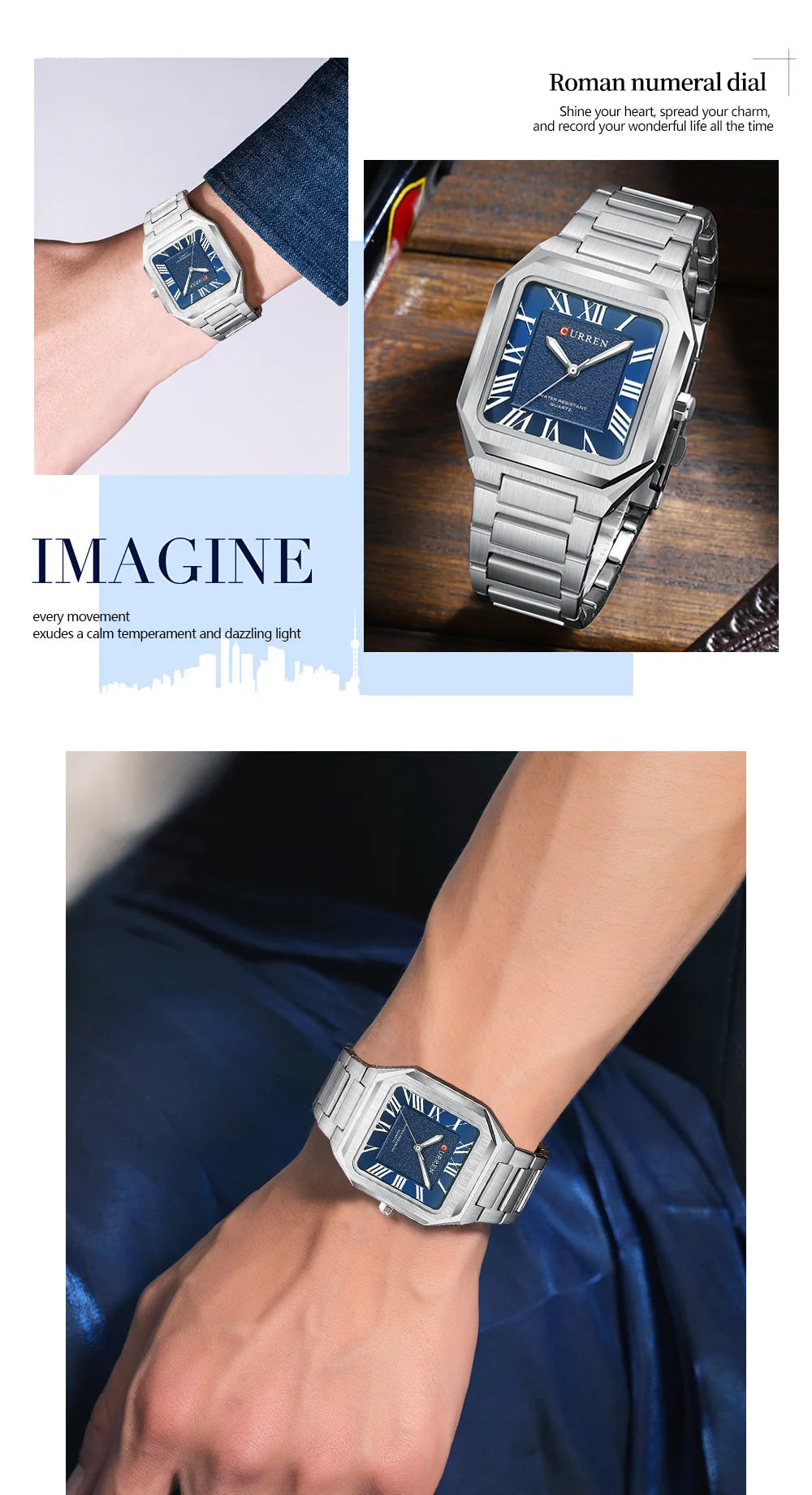 CURREN Vintage Square Design Dial with Roman Numeral Classic Business Dress Quartz Watch for Men with Luminous Hands 8482