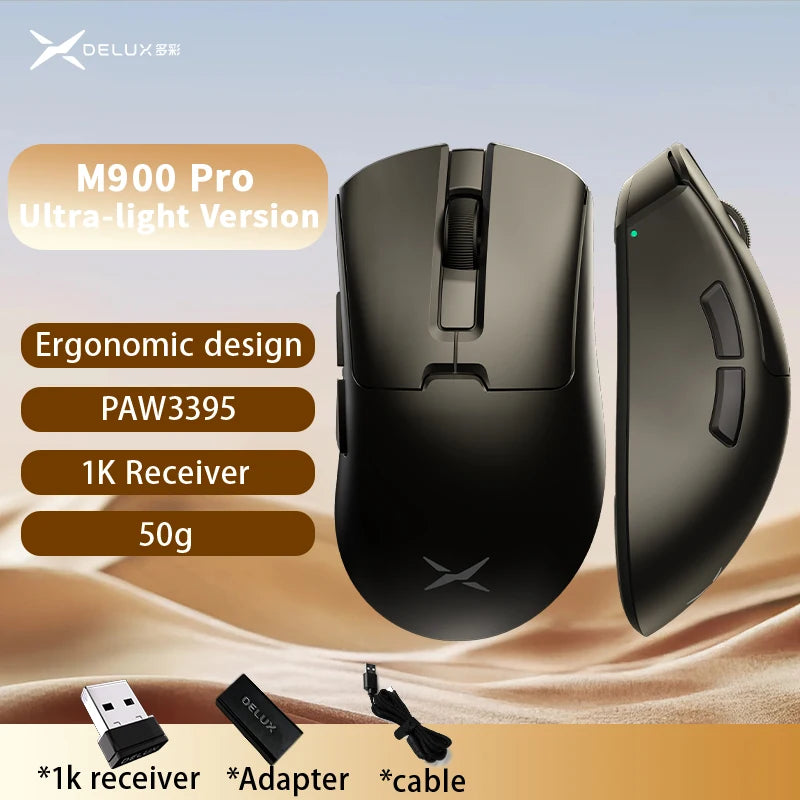 Delux M900PRO Versione ultraleggera Mouse gaming wireless ergonomico 1K/8K Polling Rate 50g PAW3395 per gamer PC destrorsi con mano grande