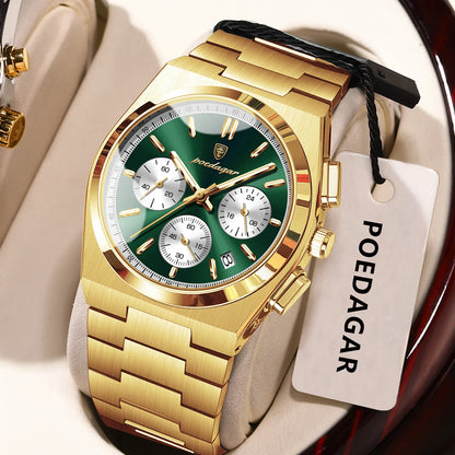 POEDAGAR Men’s Watch – Luxury stainless steel chronograph, with date, water-resistant and luminescent – Sporty quartz wristwatch