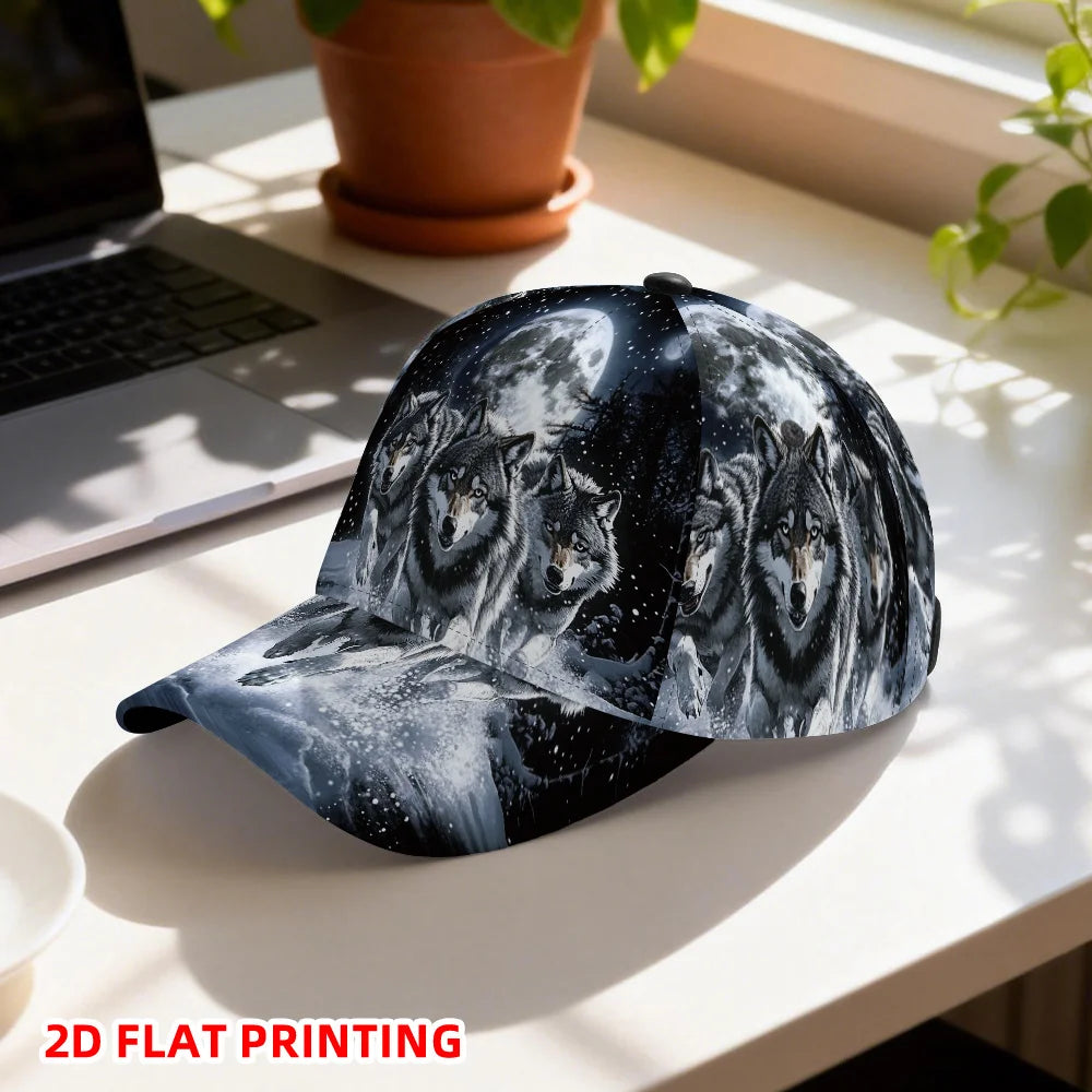 Classic Baseball Cap Featuring a 2D Flat Print of Wolves Under a Full Moon Lightweight Adjustable Duckbill Hat