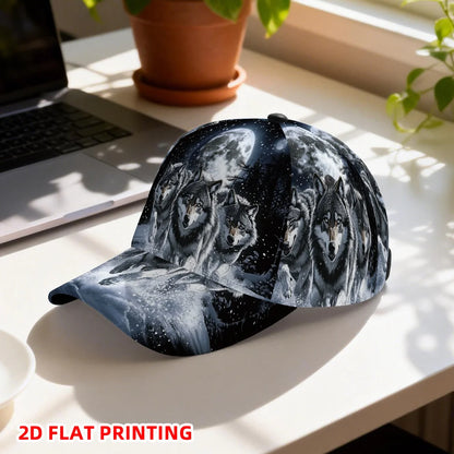 Classic Baseball Cap Featuring a 2D Flat Print of Wolves Under a Full Moon Lightweight Adjustable Duckbill Hat