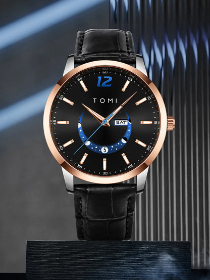 Orologio al quarzo TOMI, dallo stile elegante e professionale, con cinturino in pelle, cassa in lega e quadrante con lancette – Design di alta gamma, idea regalo per uomo