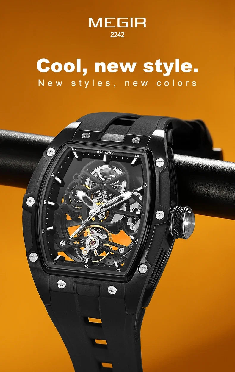MEGIR Fashion Leisure Alloy Case Men Mechanical Watch Silicone Band Barrel Shaped Dial Luminous Pointer Design Man Wristwatch