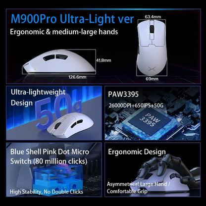 Delux M900PRO Versione ultraleggera Mouse gaming wireless ergonomico 1K/8K Polling Rate 50g PAW3395 per gamer PC destrorsi con mano grande