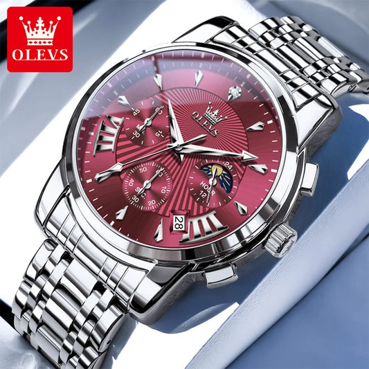 OLEVS Brand Fashion Red Watch for Men Luxury Sport Waterproof Stainless Steel Chronograph Quartz Watches Relogio Masculino